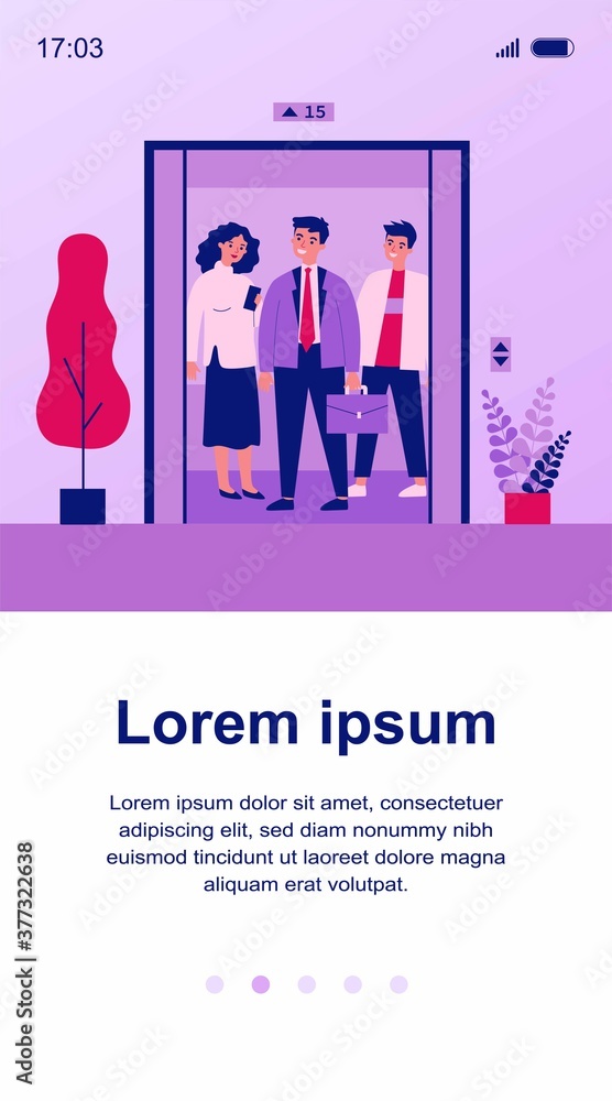 Fototapeta premium Positive people standing on elevator cab. Men and woman standing inside lift cabin with open doors. Vector illustration for architecture, transportation, technology concept