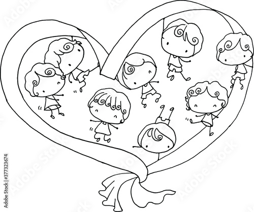 vector cartoon kids with heart shape ribbon