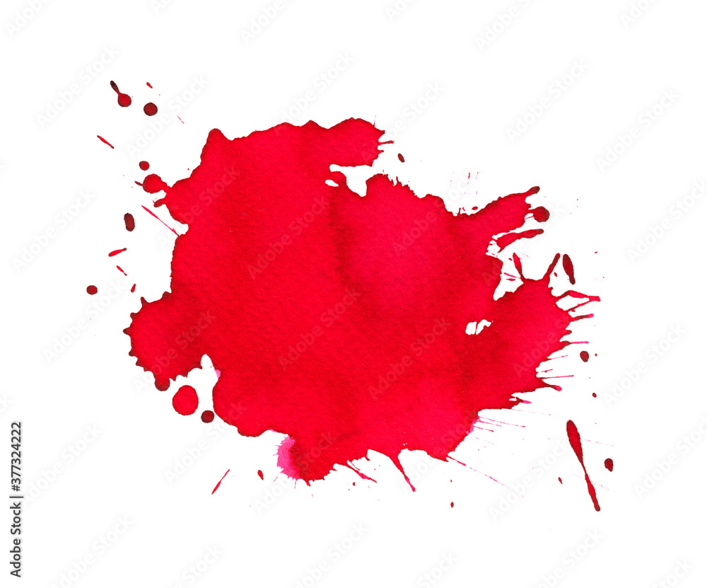 Bright red watercolor stain with watercolor paint stains, brush strokes