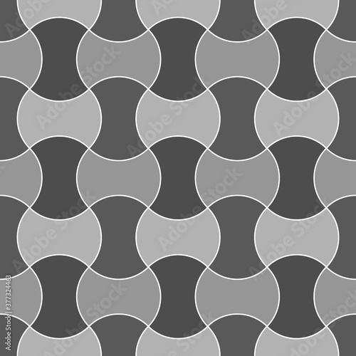 Apple core quilts texture. Patchwork motif. Seamless surface pattern design with ethnic ornament. Grey interlocking axehead figures on white background. Digital paper with hammerhead shapes. Vector.