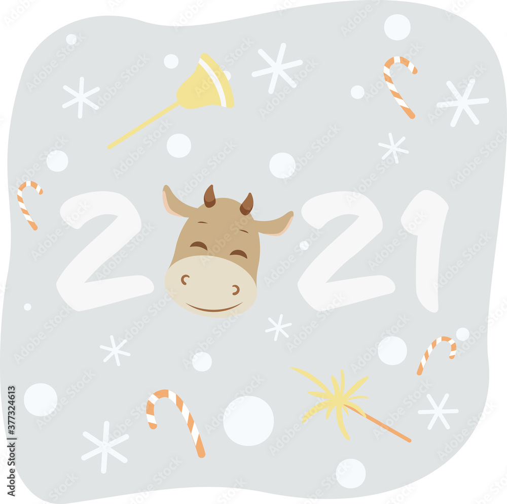 Text 2021 year with a cute cow.  Lettering 2021 with a bull on light background with falling snow, bell, lollipops, sparkler vector flat cartoon illustration. Winter card, poster. New year, Christmas.