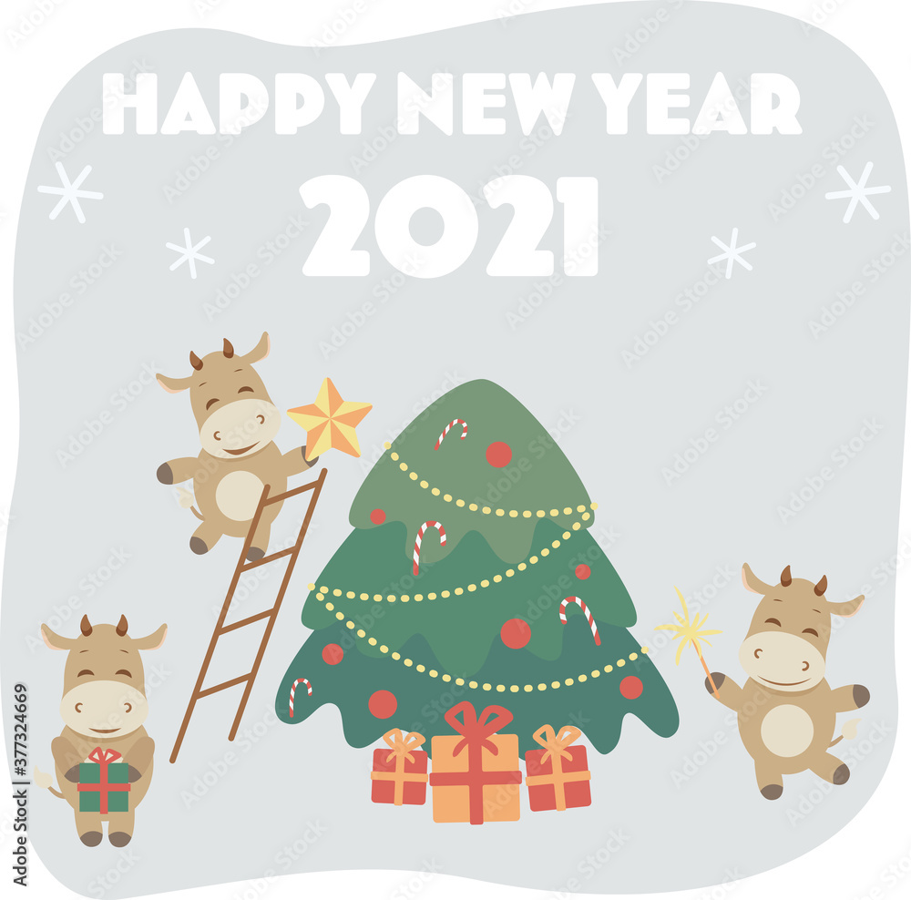 Text Happy new year 2021. Cute ox, cow, bull decorate the christmas tree on light background vector flat cartoon illustration. Spruce with gifts. Winter card, poster.New year,holidays vibes. Text Happy new year 2021. Cute ox, cow, bull decorate the christmas tree on light background vector flat cartoon illustration. Spruce with gifts. Winter card, poster.New year,holidays vibes.
