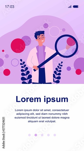 Scientist in lab coat checking algorithm flat vector illustration. Cartoon character with magnifier researching artificial neurons. Science, technology and neuroscience concept