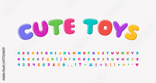 Multicolored cartoon alphabet, bubble shape font rainbow bright colors. Uppercase and lowercase letters, numbers, punctuation marks. Vector illustration