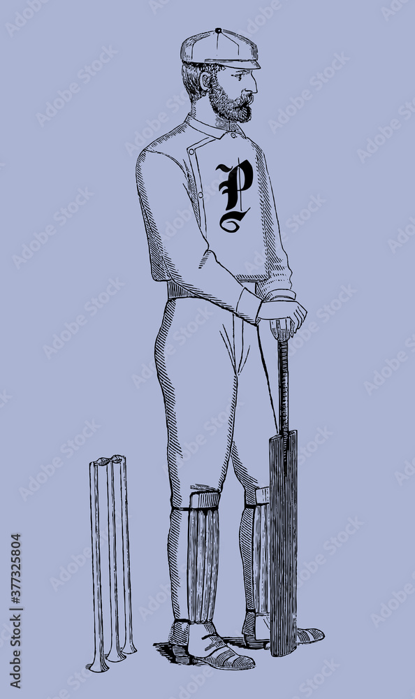 Obraz premium Vintage cricket player resting on a bat in front of the wicket, isolated on a blue-grey background, after an antique illustration from the 19th century