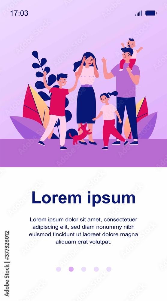Tired young parents and mischievous happy children flat vector illustration. Exhausted mother and father surrounded by kids. Large family and parenting concept Tired young parents and mischievous happy children flat vector illustration. Exhausted mother and father surrounded by kids. Large family and parenting concept