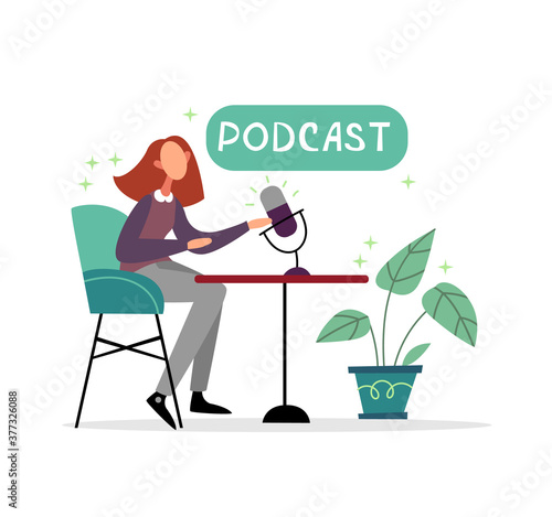  The girl in the studio leads a podcast. Microphone. Live streaming , broadcast flat vector illustration. Vloggers cartoon characters, interview.