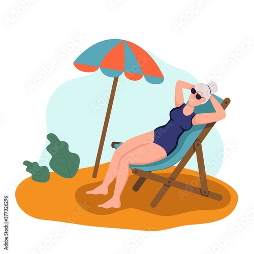 Elderly woman sunbathing on the beach. The concept of active old age. Day of the elderly. Flat cartoon vector illustration.