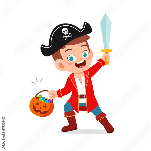 happy cute little kid boy and girl celebrate halloween wears pirate costume