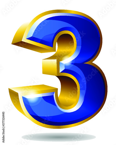 Golden and blue number character 3 isolated on white background. Vector three illustration.