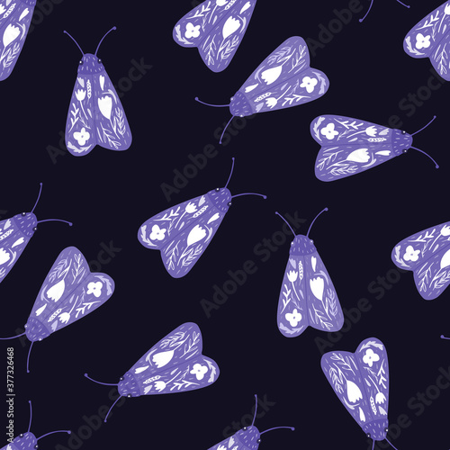 Stylized violet butterflies silouettes seamless pattern. Flying insects with folk ornament on dark navy blue background. photo