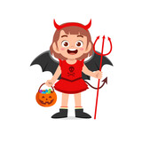 happy cute little kid boy and girl celebrate halloween wears red devil monster costume