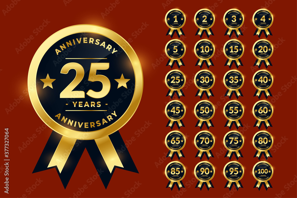 Stylish Golden Anniversary Labels Or Logotype Emblem Big Set Stock 