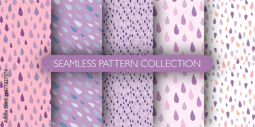 Set of raindrops doodle seamless pattern. Blue and purple drops. Weather theme.