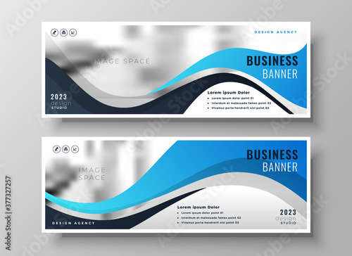 modern wavy business blue wide banners set of two