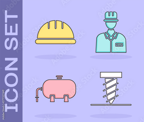 Set Rotating drill digging a hole, Worker safety helmet, Oil industrial factory building and Oilman icon. Vector.