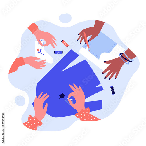 Hands mending clothes and sewing with needle. Sock, fancywork, thread flat vector illustration. Embroidery and handcraft concept for banner, website design or landing web page