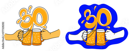 Beer glasses mug hand drawn vector. Inscription thirty. Cartoon style. Isolated over white background. Design for banner, poster, greeting cards, internet, party invitations, birthday, anniversary.