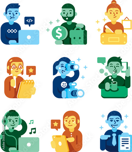 9 funny and colorful working team icon, included programmer, copywriter, photographer, music and video, contract, social media, design etc...