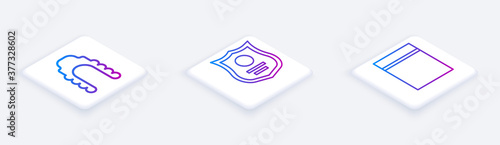 Set Isometric line Judge wig, Police badge and Plastic bag with ziplock. White square button. Vector.