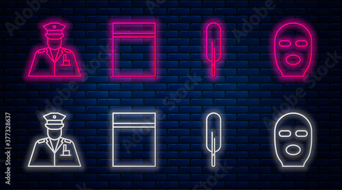 Set line Plastic bag with ziplock, Feather pen, Police officer and Thief mask. Glowing neon icon on brick wall. Vector.