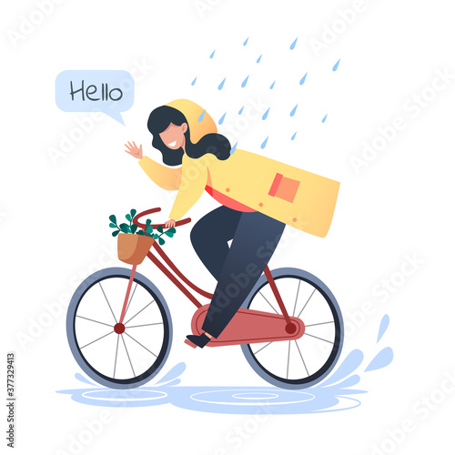 Young woman in a yellow raincoat rides a bicycle in the rain, walk in the fresh air, physical activity. Vector illustration