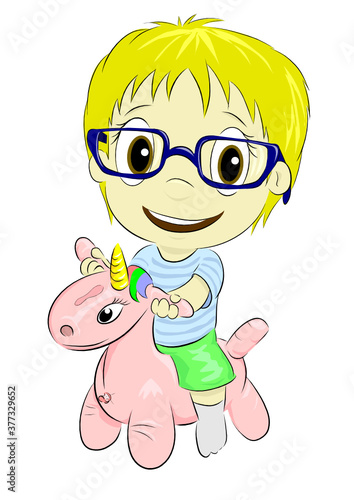 Boy on a unicorn vector illustration of a little blond boy playing on a big inflatable pink unicorn cheerful hand-drawn vector on white background