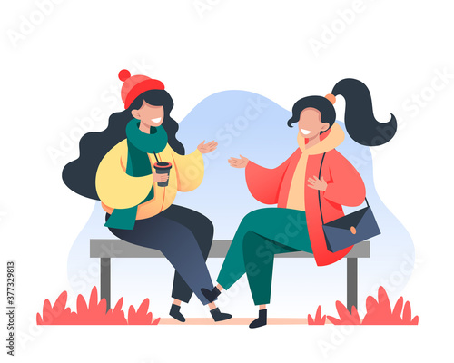 Young women sit on a bench and communicate. Walking in the fresh air, meeting with a friend. Vector illustration in flat style