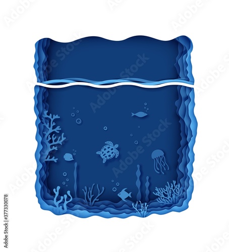 Paper craft layered background under ocean cave with fishes coral reef seabed in algae waves. Aquarium with wild life in paper cut style. Butterfly fish, moonfish, turtle. Vector sea marine concept