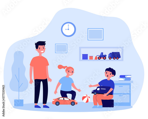 Happy children playing in room together. Toy, car, fun flat vector illustration. Game and childhood concept for banner, website design or landing web page
