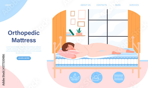 Orthopaedic mattress and healthy sleep concept with person enjoying a comfortable sleep on a bed in cross section showing the structure, colored vector illustration. Web page template
