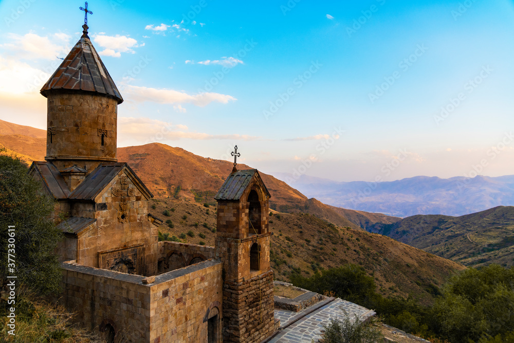 Old Armenian church in the mountains. An architectural monument. Travel photography.