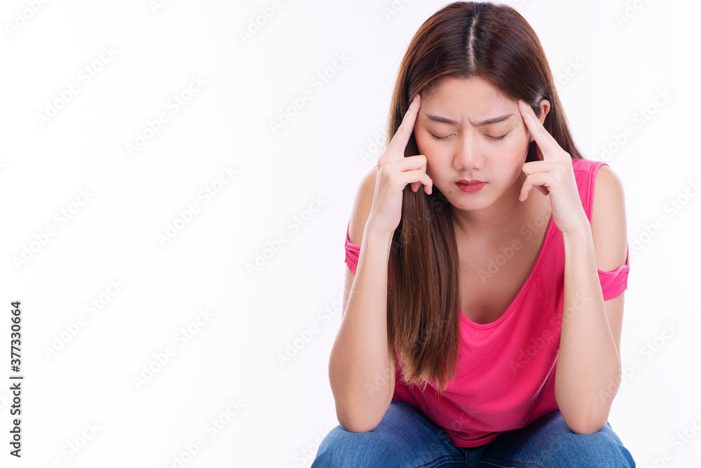 Cheerful smile young women wear t-shirt and jeans holding hand on her head while think ide something over isolated white background. Lifestyle concept. Cheerful smile young women wear t-shirt and jeans holding hand on her head while think ide something over isolated white background. Lifestyle concept.