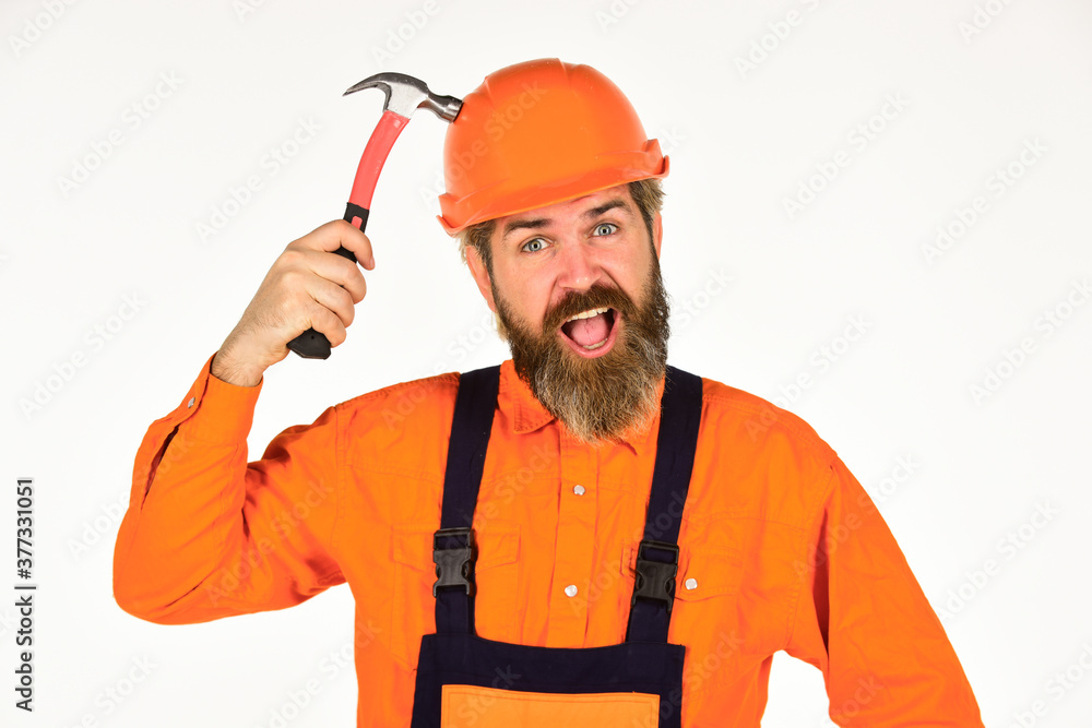Impulse for changes. Bearded mature man in uniform. Guy with hammer. Good hammer. Essential tips for using hammer correctly. Requirements for projects. Professional master repair roof. Technical work