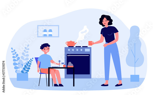 Mother preparing breakfast for little son. Healthy food, tea, mom flat vector illustration. Parenthood and nutrition concept for banner, website design or landing web page