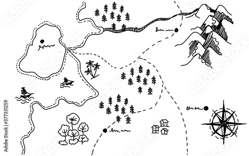 Map sea mainland mountains sketch hand drawing isolated white background pen hand drawn style