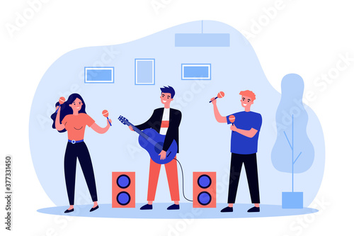 Happy young people playing musical instruments. Maracas, guitar, band flat vector illustration. Entertainment and music concept for banner, website design or landing web page
