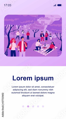 Students enjoying leisure time in campus. Young people walking among trees with pink blossoms flat vector illustration. Spring, leisure, sakura concept for banner, website design or landing web page