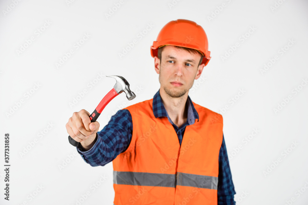 Guy knoking shiny metal hammer master repair wear helmet uniform, professional tools concept