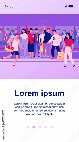 People hurrying into overcrowded train flat vector illustration. Cartoon characters squeezing in metro. Public transport, overpopulation and travelling concept.
