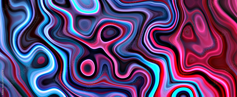 Abstract colorful glowing pink red and blue neon color. 3D illustration rendering wavy turbulent surface panoramic banner abstract background. Glowing gradient curled swirling linear rainbow pattern.