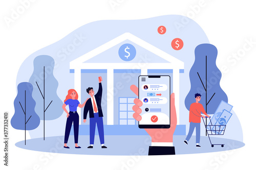Hand holding phone with banking app. Money, transaction, bank flat vector illustration. Finance and digital technology concept for banner, website design or landing web page