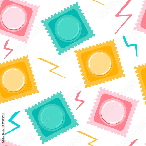 Seamless pattern with colourful condoms and lighting flashes. World contraception day. Safe sex concept. Latex preservatives in packing.Prevention AIDS, HIV, venereal diseases.Vector trendy print 