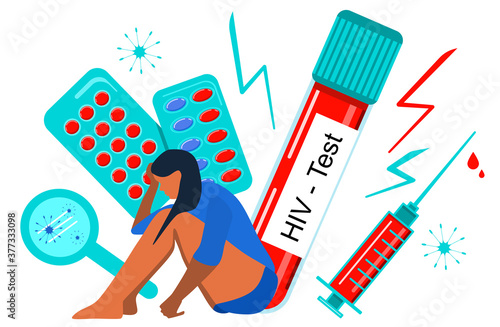Sad young woman in depression because of AIDs.HIV test in laboratory tube,syringe with blood.Save yourself,prevent disease.Medical poster with immunodeficiency virus.Online consultation, supporting