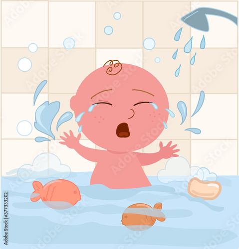 Crying baby boy throws a tantrum in bathtub, afraid of water, cartoon vector illustration