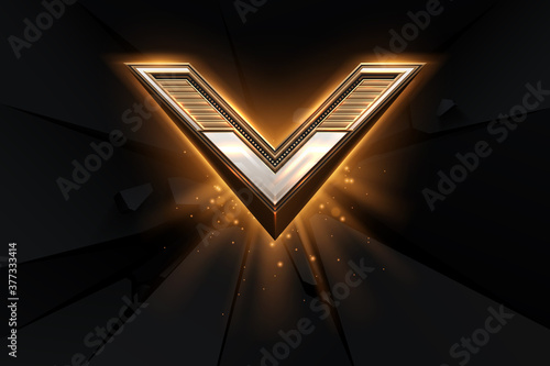 Gold victory symbol on black background with glow effect