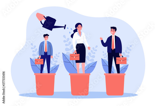 Career training concept. Employees standing in flowerpots, hand watering plants and people. Vector illustration for business professionals growth and development topics