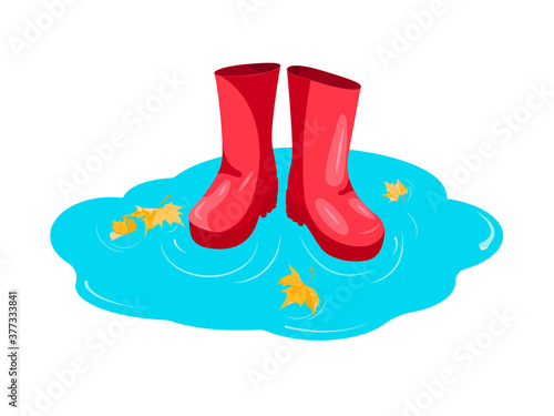  Vector illustration of an autumn rainy day. Walk in rubber red boots maple leaves and puddle after rain
