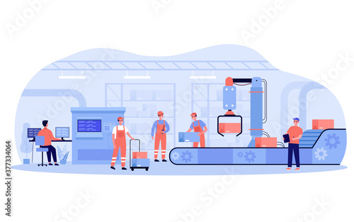 Production process in factory. Workers and robot removing boxes from conveyor belt. Engineer at computer controlling system. Vector illustration for industry, automation, machine technology concepts