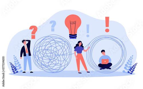 Business solutions metaphor. Professionals with idea bulb and laptop unraveling tangle of businessman. Vector illustration for problem solving, challenge, achievement concept